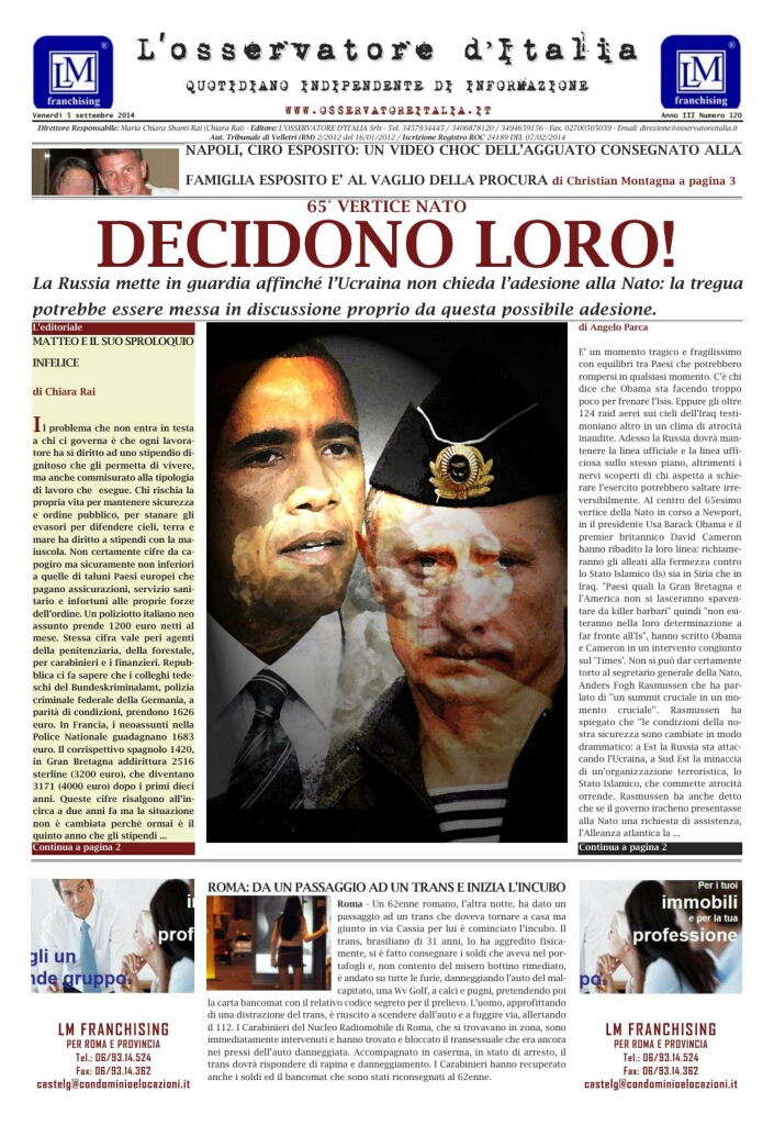 L'osservatore d'Italia edizione del 5 Settembre 2014